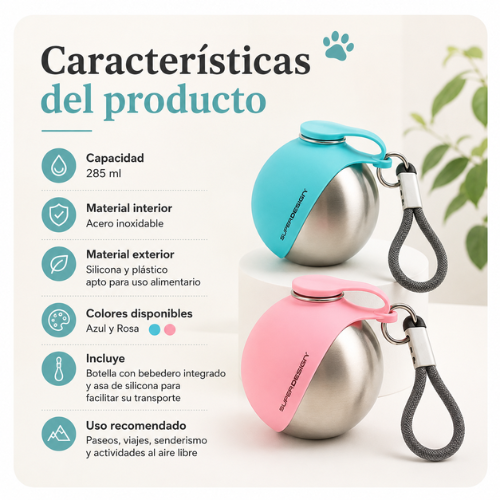 Botella de Agua Portátil para Perros | Acero Inoxidable | AquaGo™